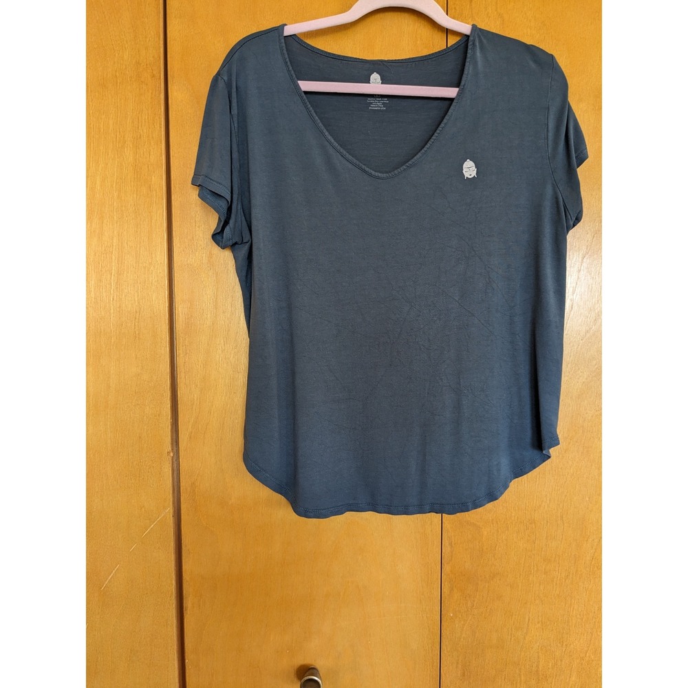 Slightly Buddha Womens V-Neck Short Sleeve T-Shirt Blue Gray Rayon Size Large